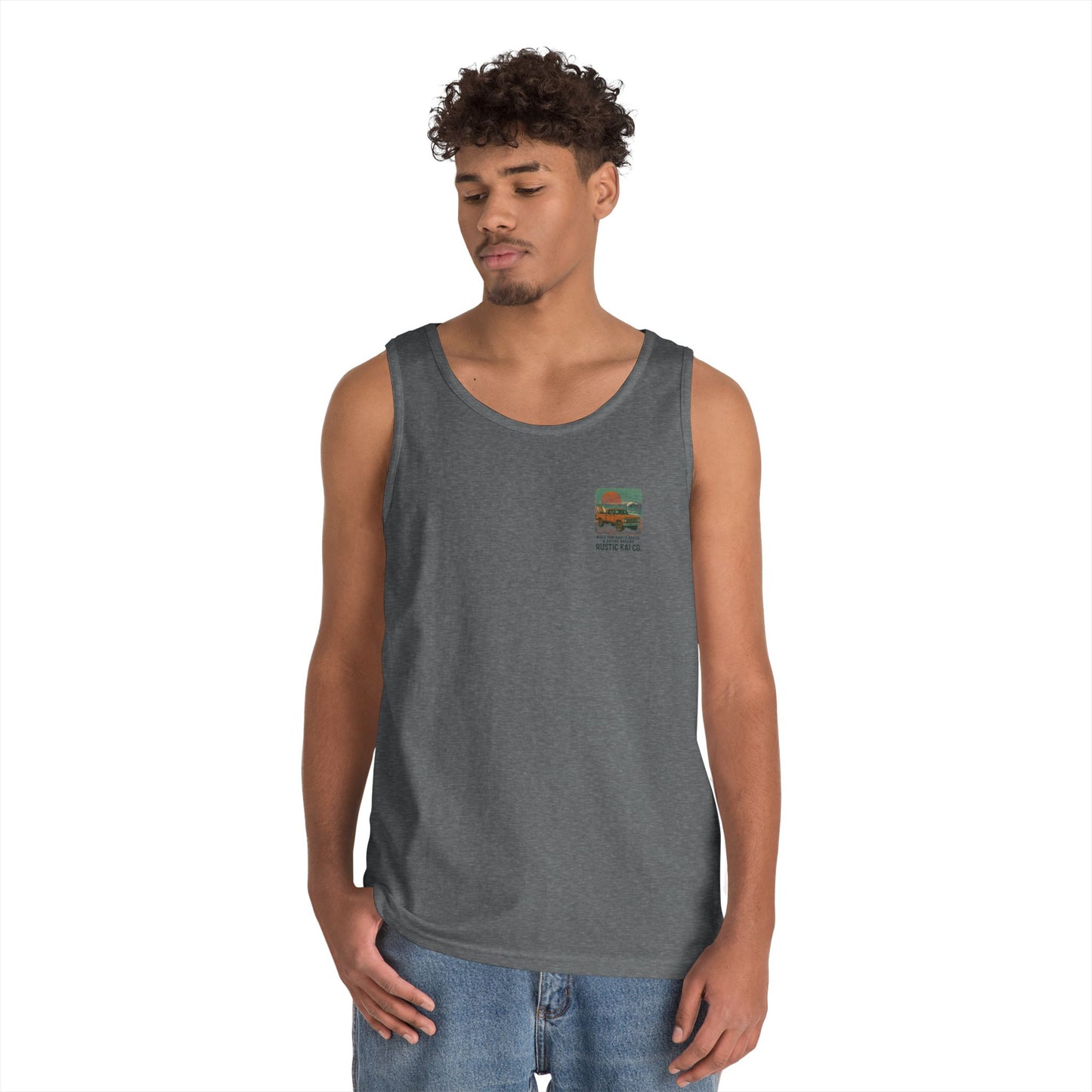 Rustic Adventure Unisex Heavy Cotton Tank Top, Summer Vibes, Travel Shirt, Camping Wear, Gift for Outdoor Lovers