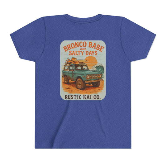 Bronco Babe Youth Tee, Vintage Car Design, Salty Days Cute Shirt, Summer Apparel, Gift for Adventure-Loving Kids